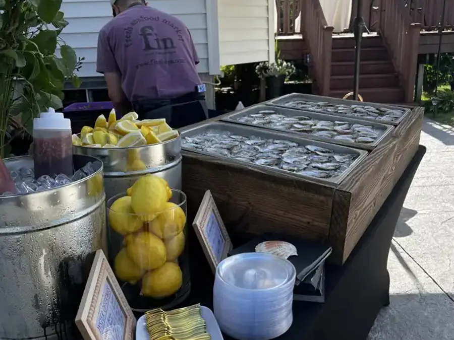 Oyster bar setup for a catering event by fin-your fishmonger.