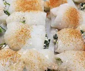 make delicious ready-to-cook feta spinach stuffed sole ~ found in the fin freezer