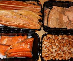 smoked trout, smoked salmon, smoked, bay scallops and smoked salmon